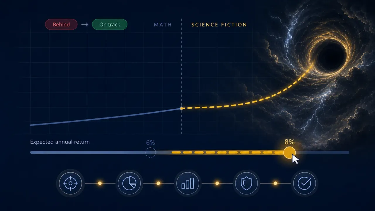 A retirement calculator’s return slider moves from 6% to 8%, sending an investor’s retirement plan into a black hole.