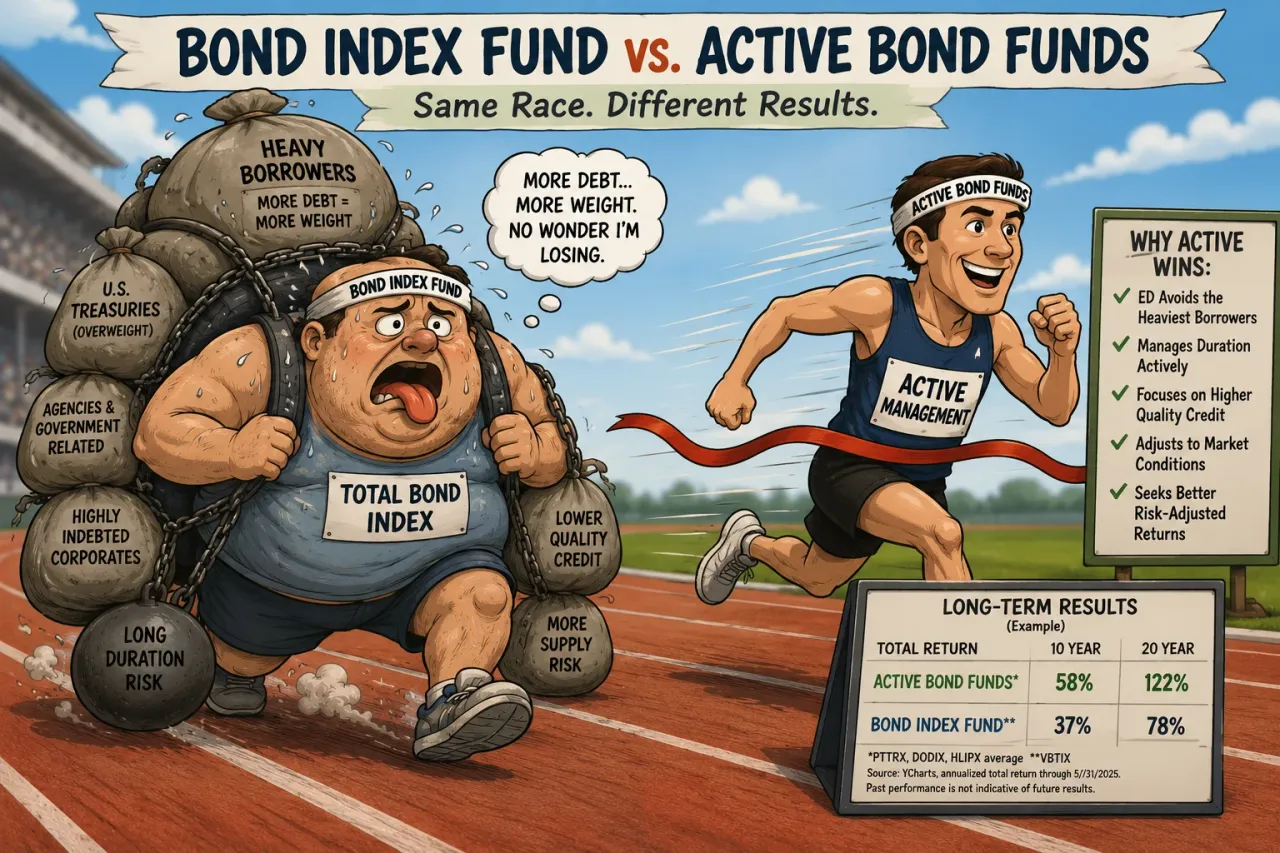 Cartoon illustration of a bloated bond index fund weighed down by debt racing against active bond funds