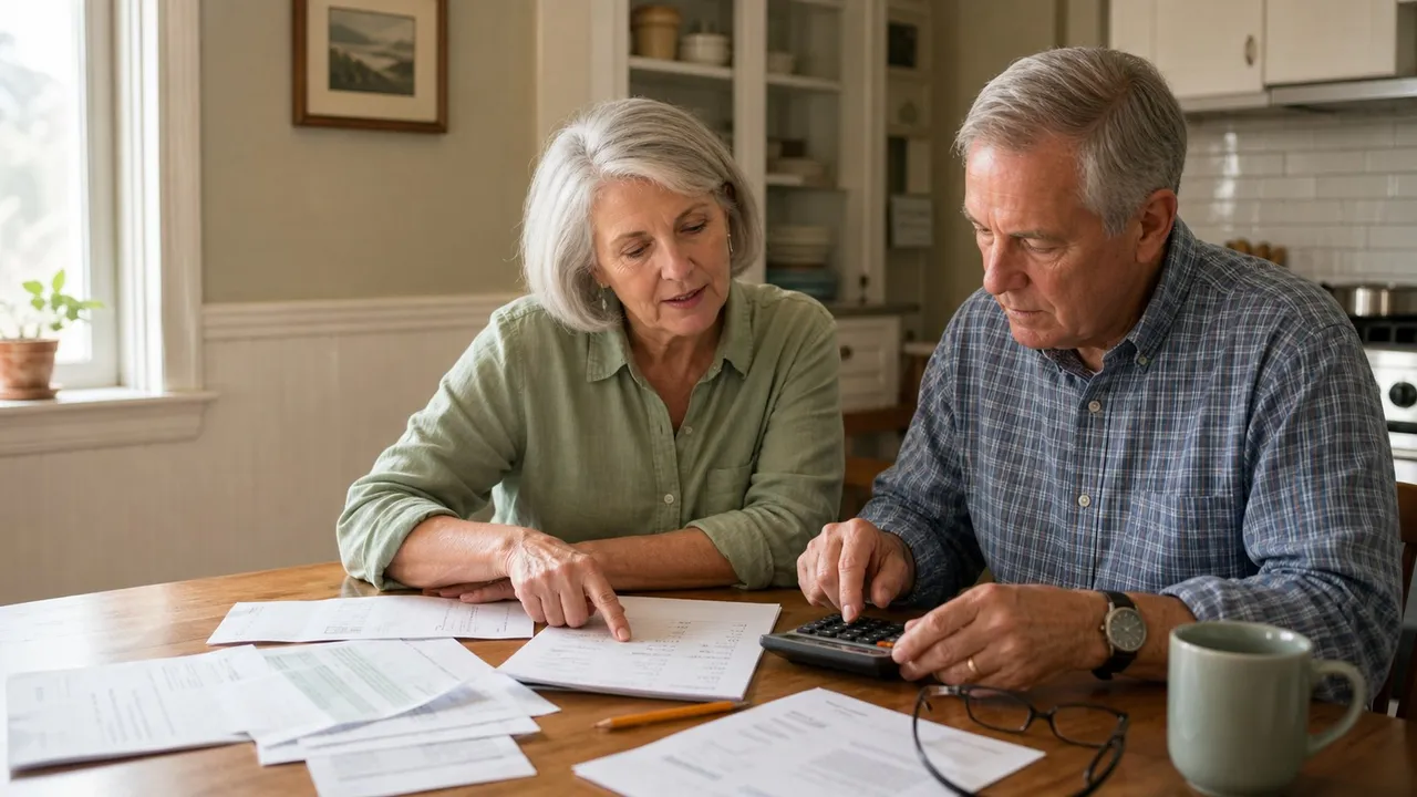 A couple at a kitchen table working out their monthly retirement income from a bank statement