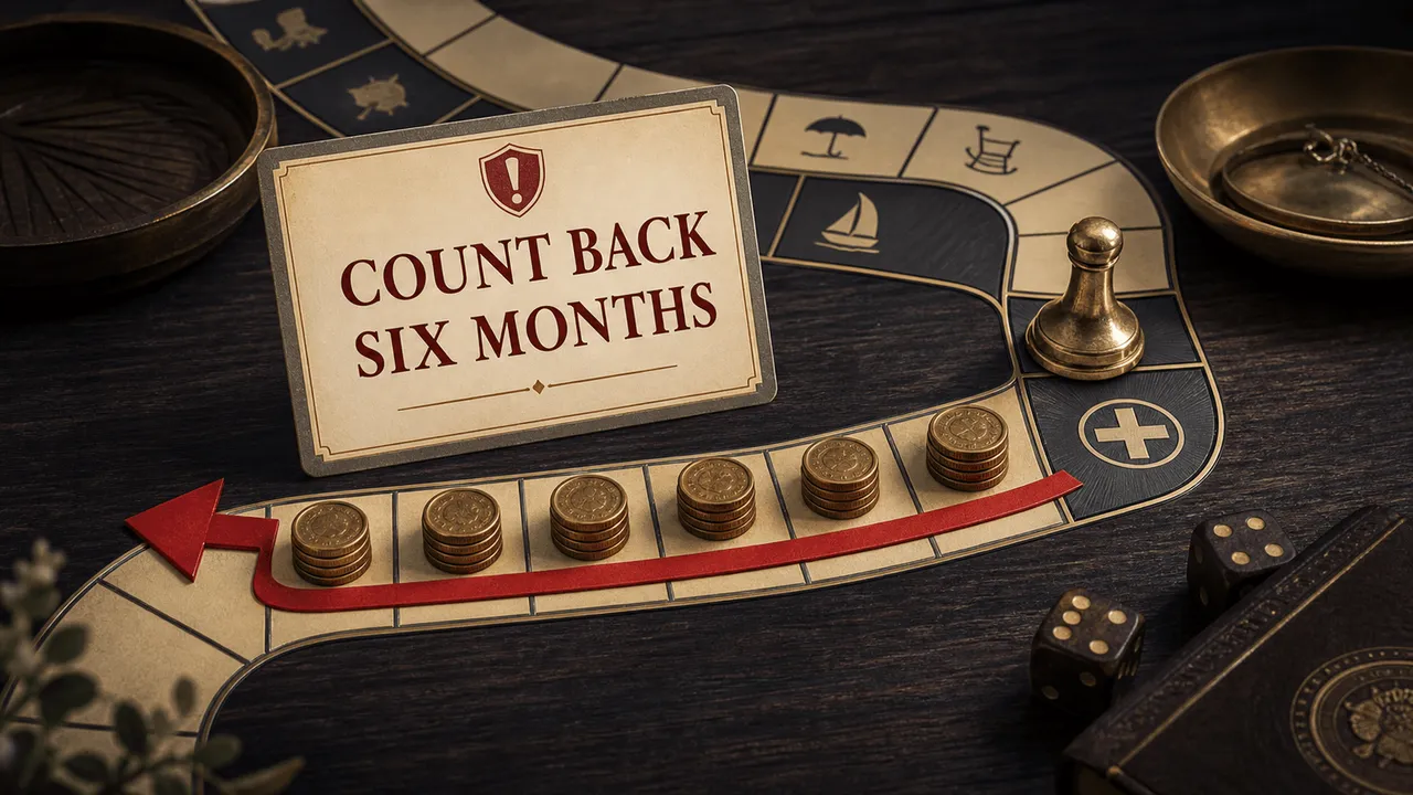A board game path winding across a dark wood table, with a card reading COUNT BACK SIX MONTHS beside a red arrow running backwards over six squares, each holding a stack of gold coins, away from a square marked with a medical cross