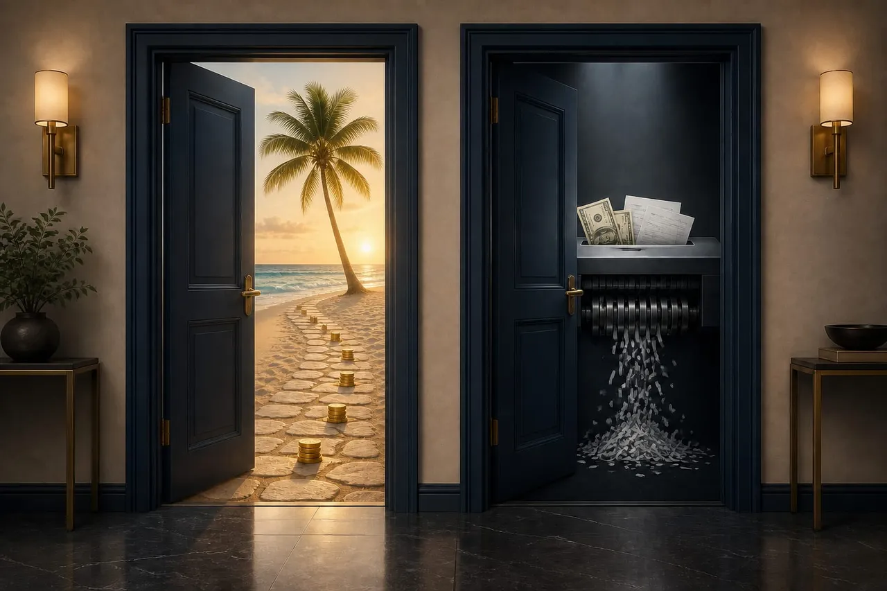 Two doors side by side: one opens onto a beach at sunset with a trail of gold coins leading to a palm tree, the other onto a shredder destroying cash and receipts