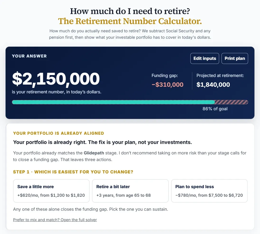 Example result: the portfolio is already aligned, so the plan is what changes. Figures are illustrations, not member data.