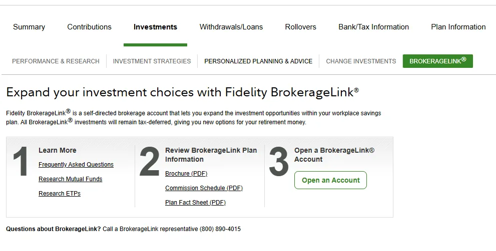 Fidelity BrokerageLink screen showing an option to expand investment choices inside a workplace savings plan.