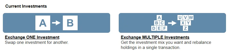 Fidelity screen showing exchange one investment and exchange multiple investments options.